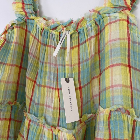 Anthropologie NWT‎ Tiered Plaid Ruffle Mini Dress Yellow Women's Size XS Summer - Picture 6 of 10
